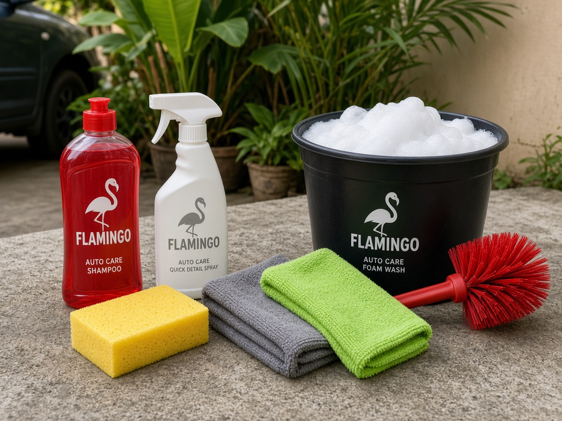Flamingo car shampoo, foam sponge, microfiber towels, and a bucket of proper wash suds